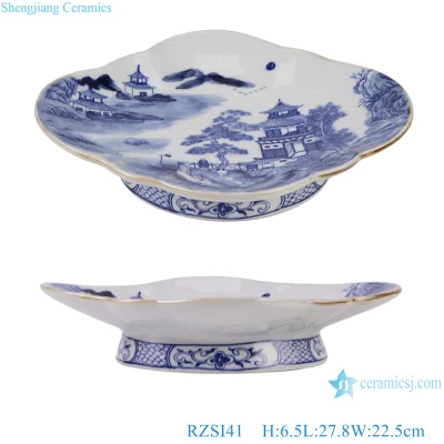 Jingdezhen Blauer und weißer Porzellan-Obstteller mit Landschaftsmuster, ovaler Form und hohem Fuß aus Keramik