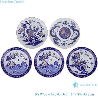 Blauer und weißer unterglasurroter handgemalter dekorativer Teller mit Landschafts-, Drachen-, Phönixblumen- und Vogelmuster